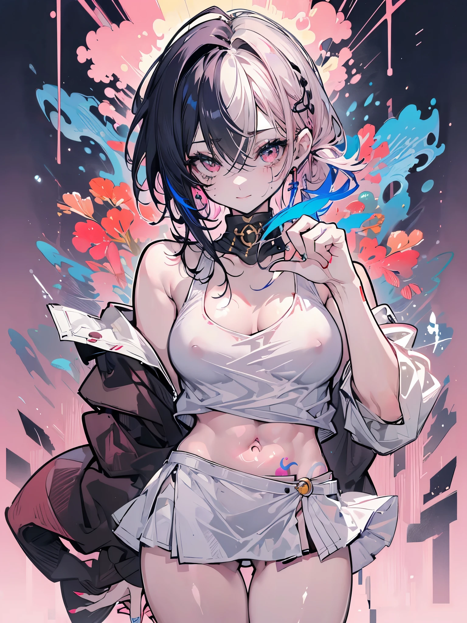 best qualityer, 4K, work of art, extremely detaild, high détail, 1 girl, standing alone, peri, blue hair with golden highlights, hair over one eye, multicolored hair, twintails, blood red eyes, two tone hair, Tank top shirt, small round breasts, nipples under clothes, ssmile, Burning city background, (((corpo inteiro com thick body fit coxas, thick glossy pink lips, tattoo on hands)))