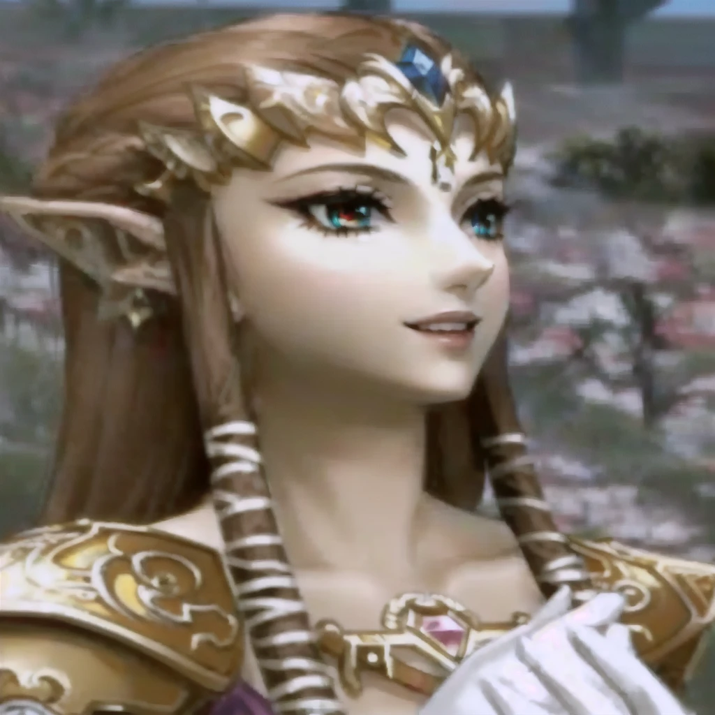 Close-up of costumed woman holding sword, princess Zelda, portrait of princess Zelda, Zelda Twilight Princess, Twilight Princess, Zelda, portrait of Zelda, from legend of Zelda, Smiling Goddess Artemis, lady pink, Zelda with triforce, pink, She has elven ears and golden eyes, Hyrule, Elf Princess