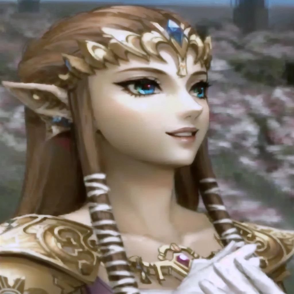 Close-up of costumed woman holding sword, princess Zelda, portrait of princess Zelda, Zelda Twilight Princess, Twilight Princess, Zelda, portrait of Zelda, from legend of Zelda, Smiling Goddess Artemis, lady pink, Zelda with triforce, pink, She has elven ears and golden eyes, Hyrule, Elf Princess