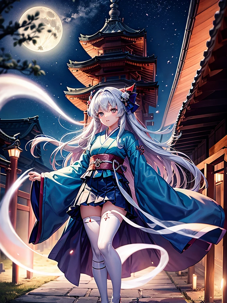 Highest quality,Highest Resolution,Cemetery at night,Ghost Girl,Japan,Ghost,Shrine maiden costume,full moon,