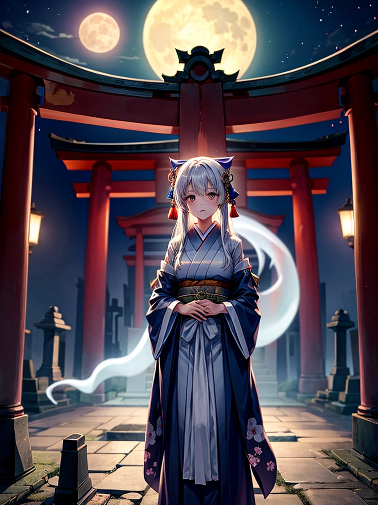 Highest quality,Highest Resolution,Cemetery at night,Ghost Girl,Japan,Ghost,Shrine maiden costume,full moon,