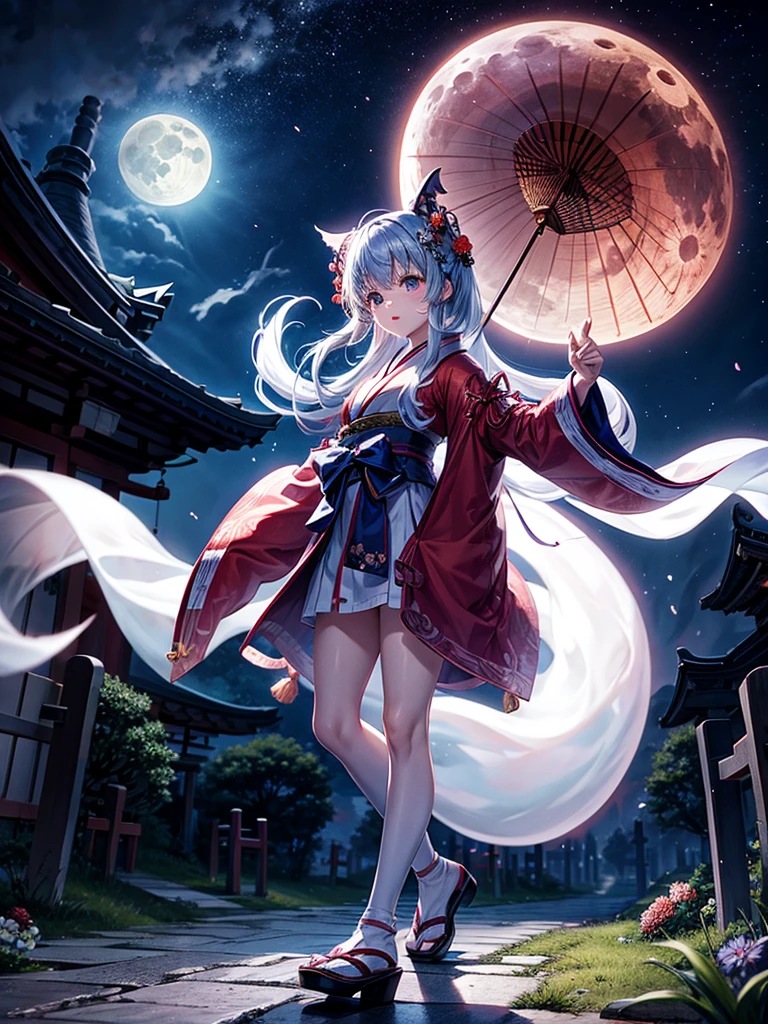 Highest quality,Highest Resolution,Cemetery at night,Ghost Girl,Japan,Ghost,Shrine maiden costume,full moon,