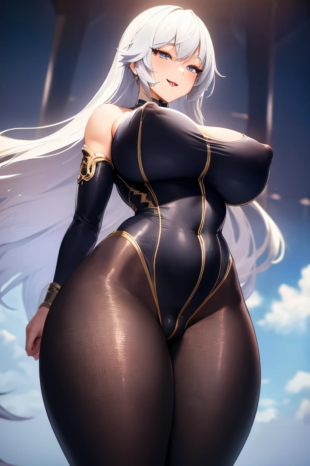 ((ultra detailed)),(ultra detailed), ultra detailed 8k CG unity wallpaper, bodysuit, posing, cowboy shots, lens flare. The girl has a plump, chubby body. Her height is about 5 feet 2 inches (157 cm), with her mother's large body. Her skin is white and smooth, making her look older. In terms of facial features, he has soft and lustful facial features. She has a slim nose and naturally rosy and full lips. Her eyebrows are beautifully shaped and neatly curved, framing her eyes beautifully. She is very big and has a beautiful figure. they are big and you can see the outline of her nipples Overall, the smile (lascivious, drooling), shows her gentle nature. A sexy girl with a big and thick body is wearing a bodysuit where you can see all her curves and her hair framing her nipples. She has thick breasts and the suit is very tight and covers her entire body, you can see all her curves and body. The full body suit is very tight, you can see her whole body, she has a big penis,slim waist