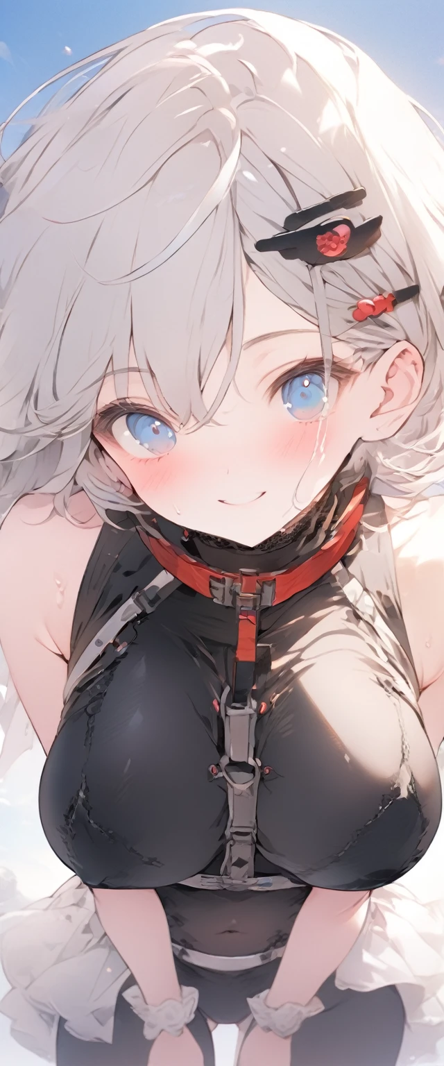 beautiful, masterpiece, Highest quality, anime, One girl, C Cup,Portrait Shot, View your viewers, Covered、Short Hair、nearby、Blue Eyes、art、、White hair,Blue streaked hair、hairpin、Cute smile、Thighs、Cute、blue sky、Beautiful breasts、Full Harness、valley、Sweat、Under Harness、Body Harness、Tightening、Penetration、Plainer_Sci-fi combat uniform、Plainer_Sci-fi underskirt、pierced、navel、Body stockings