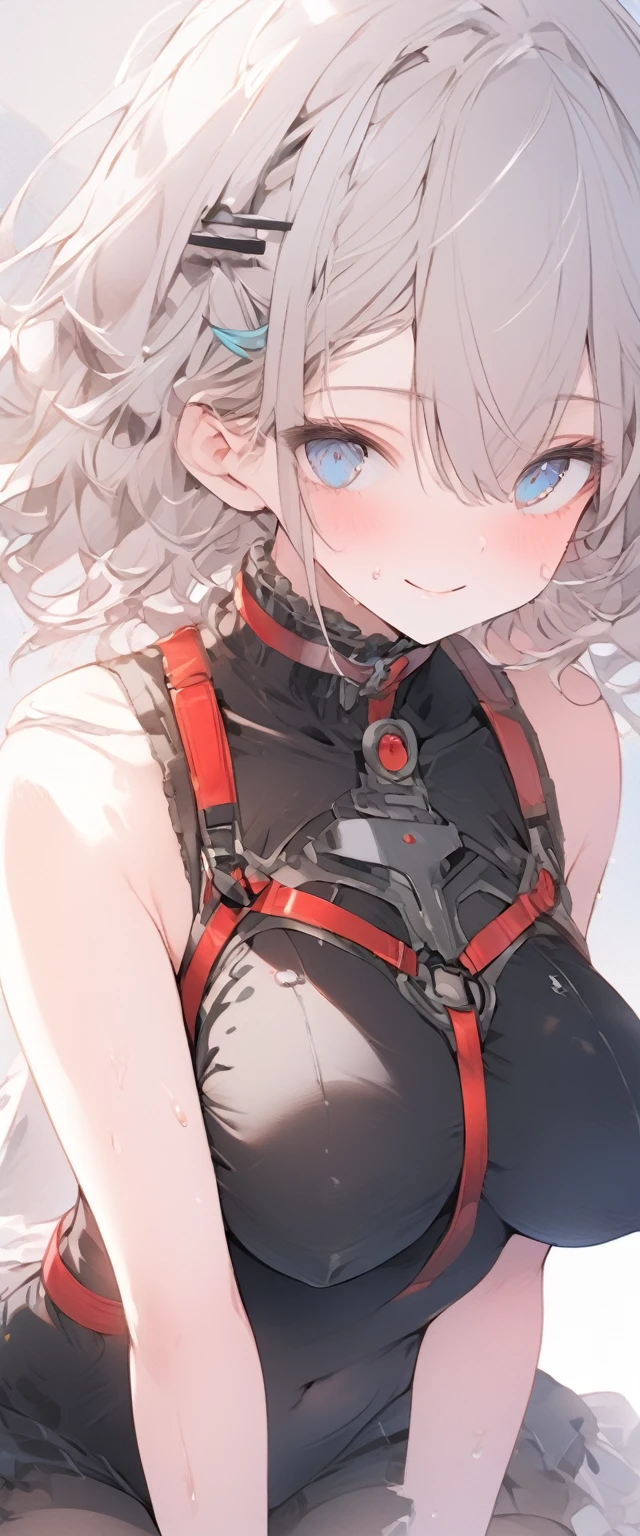 beautiful, masterpiece, Highest quality, anime, One girl, C Cup,Portrait Shot, View your viewers, Covered、Short Hair、nearby、Blue Eyes、art、、White hair,Blue streaked hair、hairpin、Cute smile、Thighs、Cute、blue sky、Beautiful breasts、Full Harness、valley、Sweat、Under Harness、Body Harness、Tightening、Penetration、Plainer_Sci-fi combat uniform、Plainer_Sci-fi underskirt、pierced、navel、Body stockings