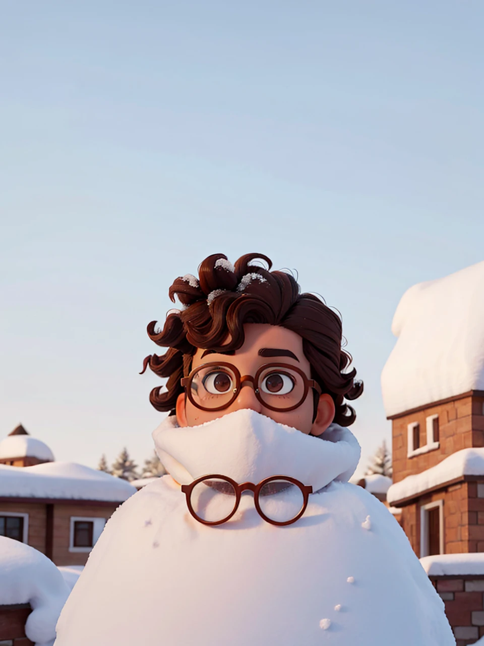 Brown boy with curly hair and round glasses Put him in a snow mask