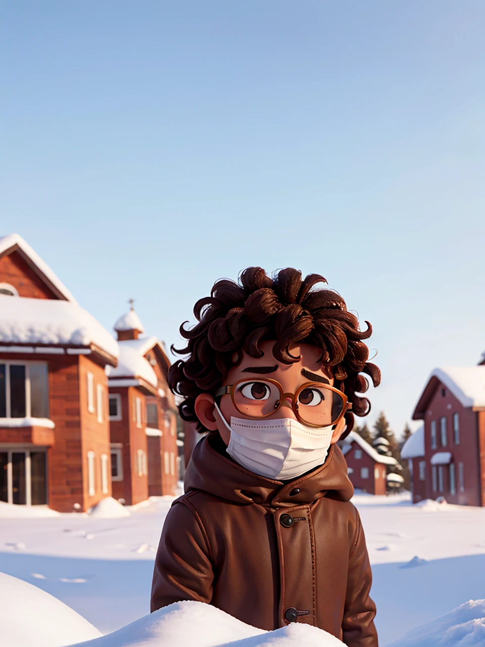 Brown boy with curly hair and round glasses Put him in a snow mask 
