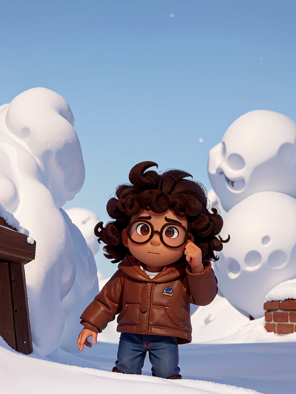 Brown boy with curly hair and round glasses Put him in a snow mask
