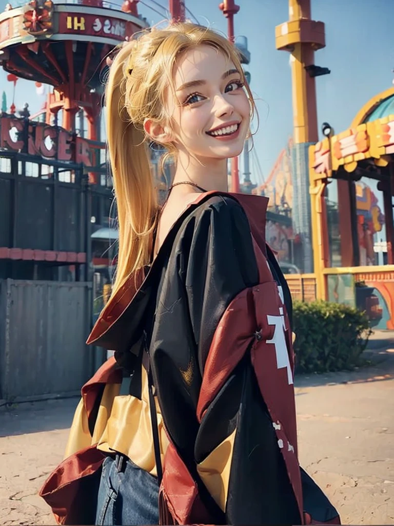 ((masterpiece:1.5)), 1woman, 20years old, blonde hair, short hair, ponytail, ((upper body:1.2)), ((big smile)), looking back, ((amusement park))