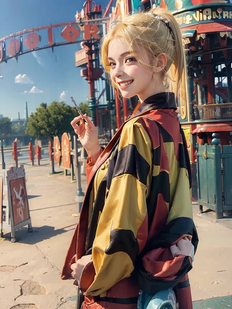 ((masterpiece:1.5)), 1woman, 20years old, blonde hair, short hair, ponytail, ((upper body:1.2)), ((big smile)), looking back, ((amusement park))