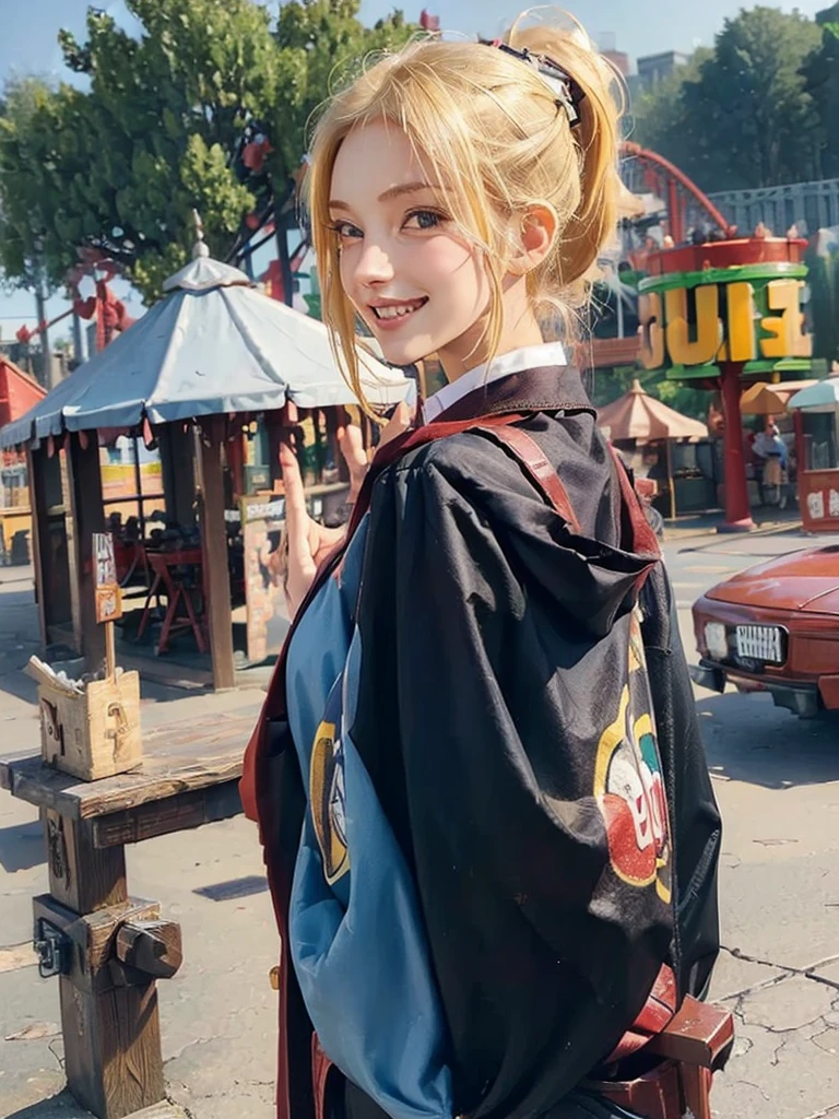 ((masterpiece:1.5)), 1woman, 20years old, blonde hair, short hair, ponytail, ((upper body:1.2)), ((big smile)), looking back, ((amusement park))