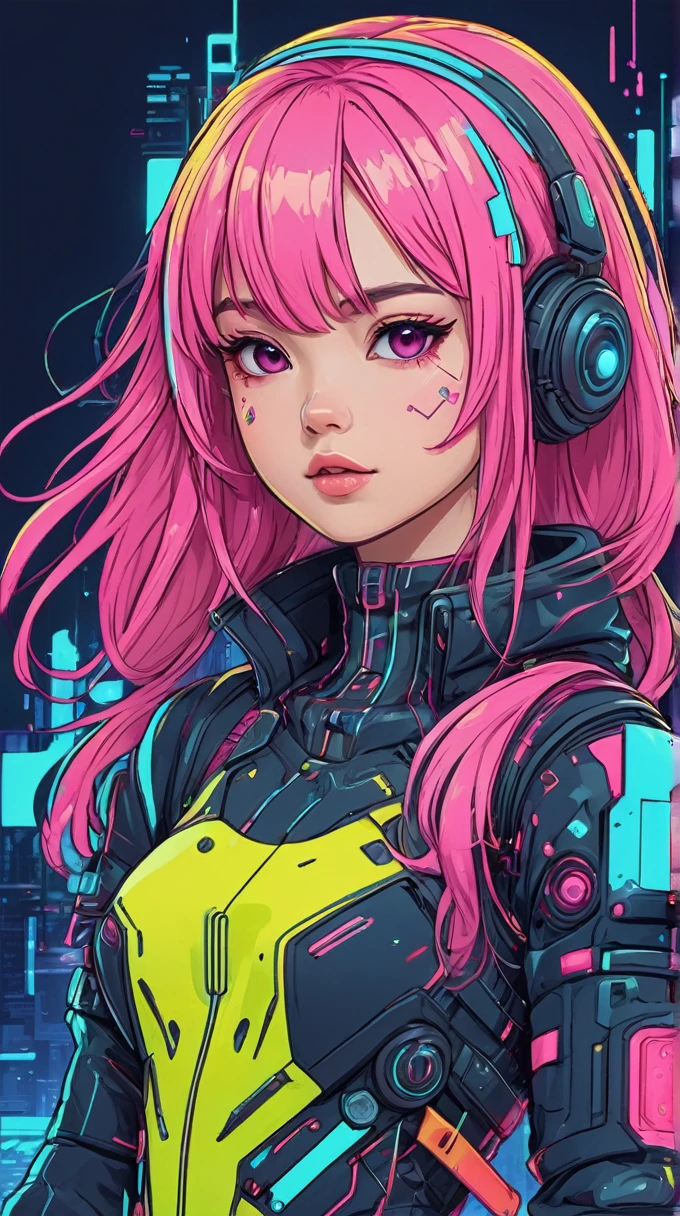 cheered up, A girl, kawaii, cyberpunk, showy, ink paint line art, vector art, thick lines, glitch art, Flat colors, Clave visual, Vibrant, Technical drawing, line art, minimalist, Masterpiece,