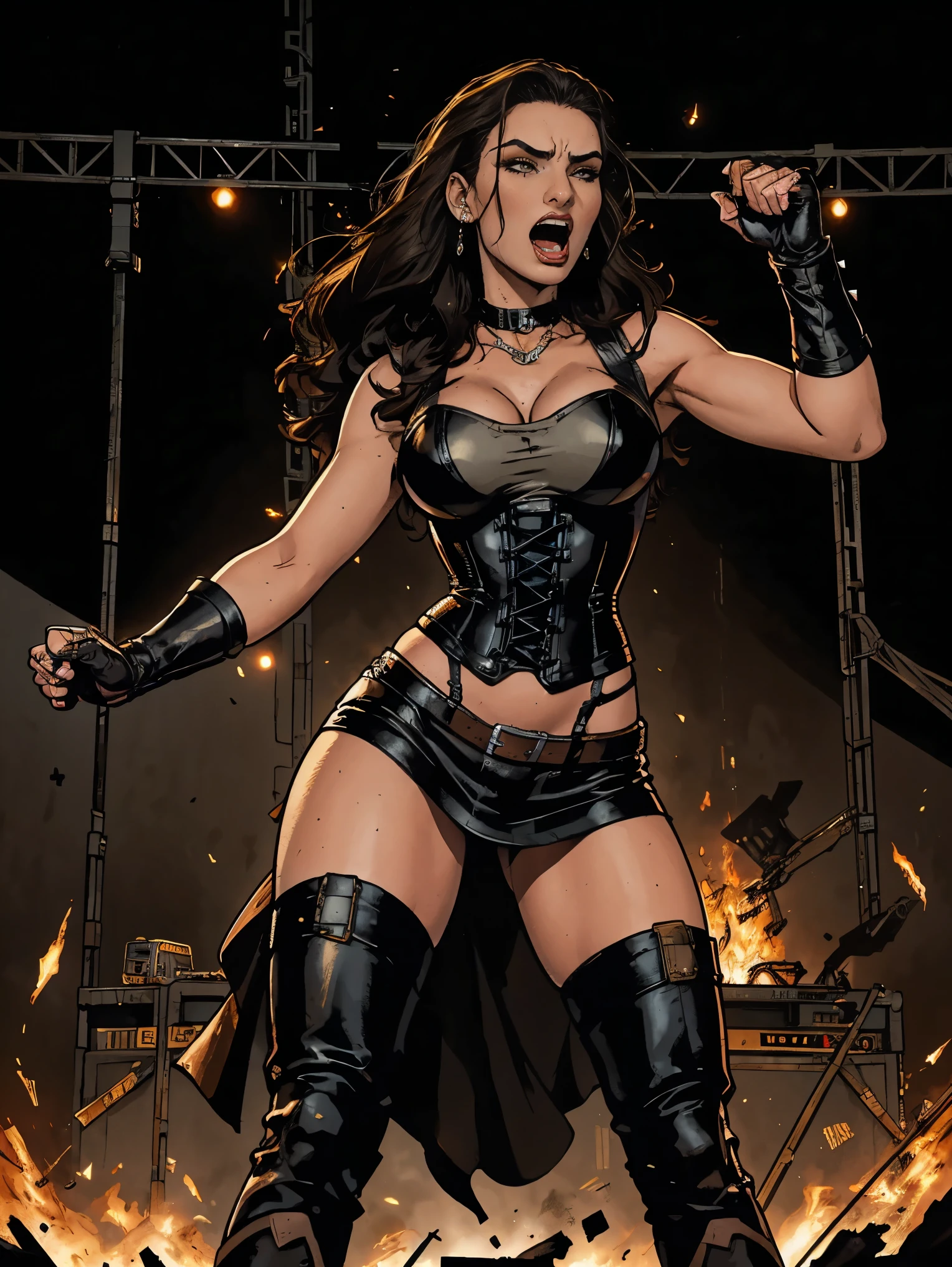 Extremely busty thin and toned brunette death metal singer, college girl, fair skin, big hair, hair pulled back, soft face, athletic, heavy makeup, piercings, black leather, studs, corset, boots, fingerless gloves, tight skirt, chains. standing on a stage, pyrotechnics, holding a microphone, metal concert. (microphone, fist in the sky), angry, rage, screaming. Heavy metal. Death metal. Explosions, fire.