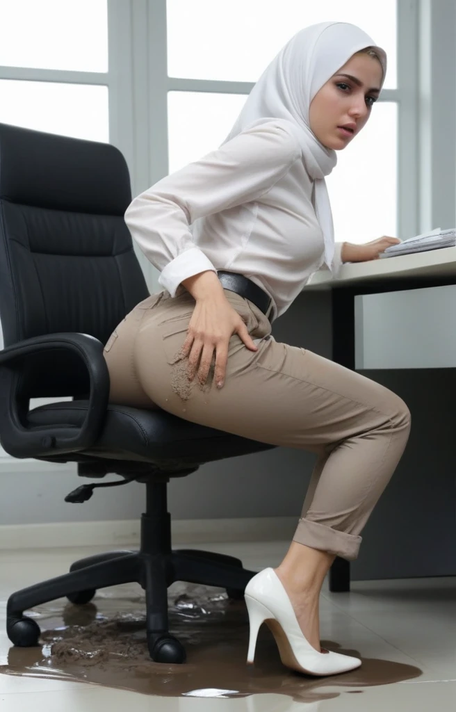 Ultra-realistic, 4k, 1girl, slim face, pretty face, cute eyes, skinny body, wearing white hijab, white chino pants, tight long sleeve classic buttoned shirt, white heels, nervous facial expressions, very sweaty, both hands on ass, in office, near the office chair, dirty office chair, dirty pants, dirty clothes, sweaty clothes, (((make the whole image filthy and dirty))), (((mud overflowing from pants))), stinky atmosphere, filthy atmosphere, mud on pants, disgusting office, too much mud on pants