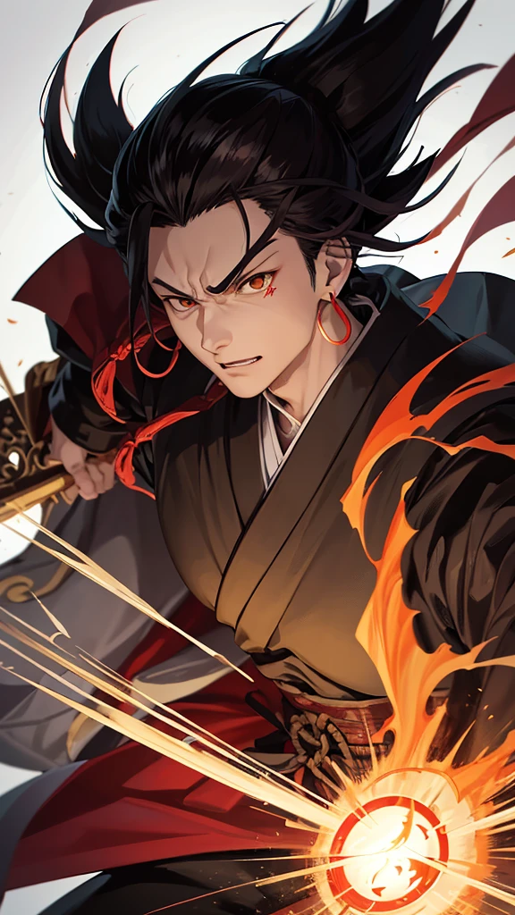 Create a detailed and dynamic illustration of Tanjirou Kamado from "Demon Slayer". He should be in his demon slayer uniform, with his iconic hanafuda earrings and a determined expression. Include a background of a bamboo forest with a hint of movement to emphasize action. The lighting should be dramatic, highlighting his scar and his green checkered haori.