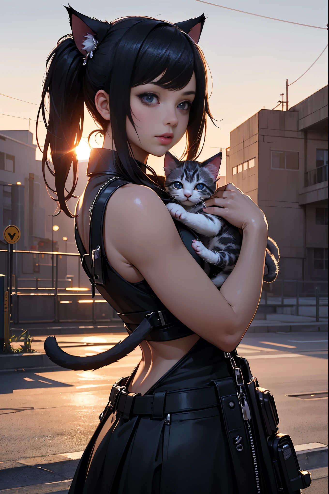 ((ultra wide angle x0.5:1.5, Camera bottom view, Pin en Cybergoth:1.5)), ((autophoto:1.4, Pin young on Cybergoth, wearing clothes Pin on Cybergoth,(( girl with an anatomically correct kitten:1.5)), ((super cute image:1.5)), various vibrant colors and ornaments: 1.3)),((industrial landscape, Awesome, 360 degree view: 1.5)), ((perfect: 1.3, meticulously detailed: 1.3, flawless, High Definition: 1.4, cinematographic: 1.4), ((Masterpiece)), (hyper detailed: 1.4), (photorealistic: 1.4), epic, sunset: 1.4, 32k.