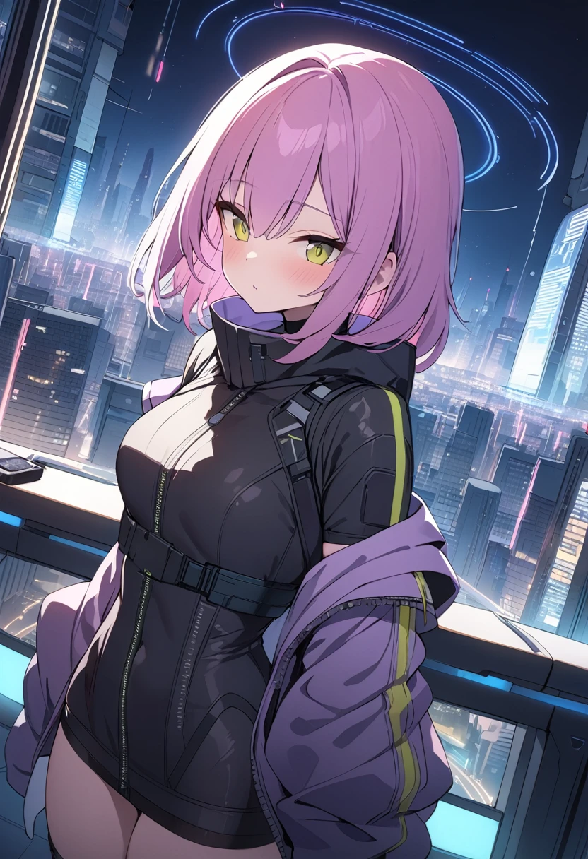 masterpiece, best quality, 1girl, solo,pink hair,purple hair,(cyberpunk clothes),dynamic_angle,front view,star_trail,beautiful detailed glow,sci-fi city,(console)