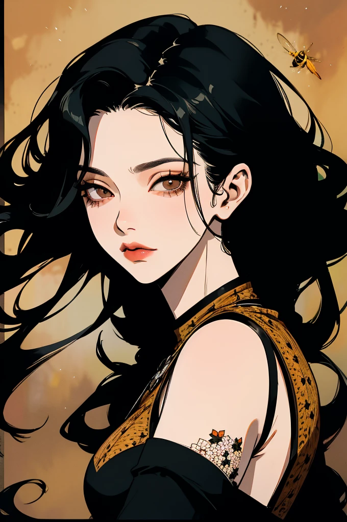 A Woman with long black hair and brown eyes, cute, charismatic, floral dress with bees , jasmine flowers, portrait