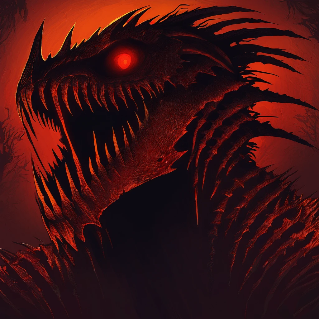 Tyrannos with red orange and dark-red color palette with background in nightmare fuel art style