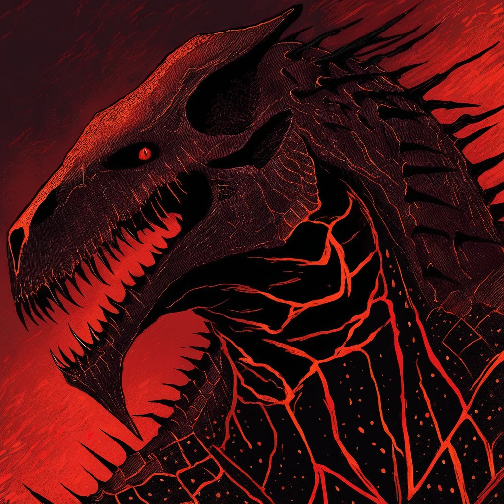Tyrannos with red orange and dark-red color palette with background in nightmare fuel art style