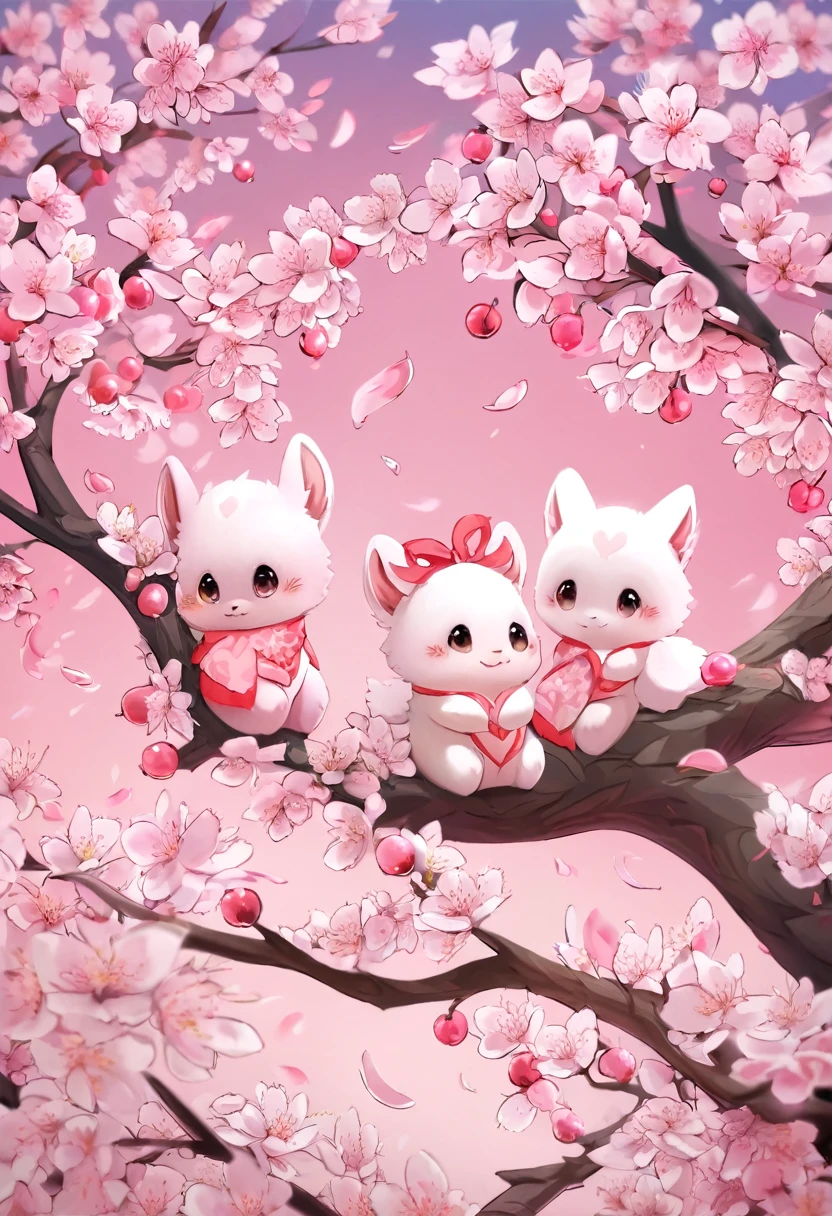Very cute little cherry blossom animals, Surrounded by cherry blossoms