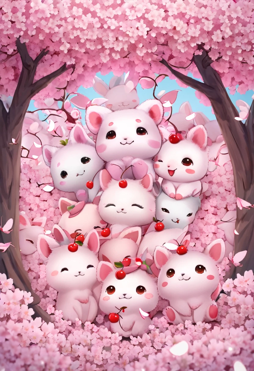Very cute little cherry blossom animals, Surrounded by cherry blossoms