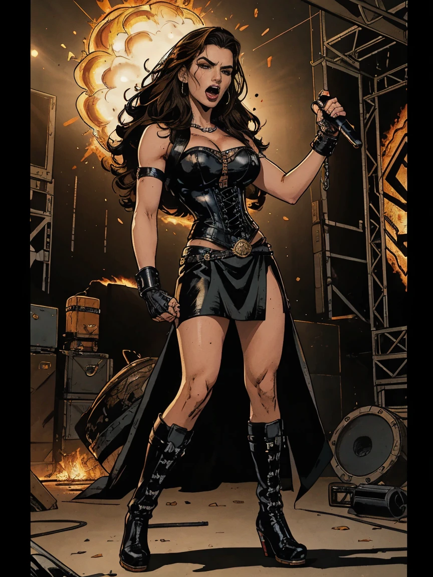Extremely busty thin and toned brunette death metal singer, college girl, fair skin, big hair, hair pulled back, soft face, athletic, heavy makeup, piercings, black leather, studs, corset, boots, fingerless gloves, tight skirt, chains. standing on a stage, pyrotechnics, holding a microphone, metal concert. (microphone, fist in the sky), angry, rage, screaming. Heavy metal. Death metal. Explosions, fire.