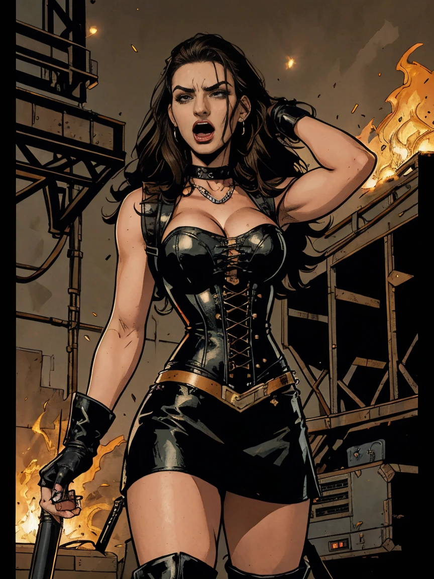 Extremely busty thin and toned brunette death metal singer, college girl, fair skin, big hair, hair pulled back, soft face, athletic, heavy makeup, piercings, black leather, studs, corset, boots, fingerless gloves, tight skirt, chains. standing on a stage, pyrotechnics, holding a microphone, metal concert. (microphone, fist in the sky), angry, rage, screaming. Heavy metal. Death metal. Explosions, fire.
