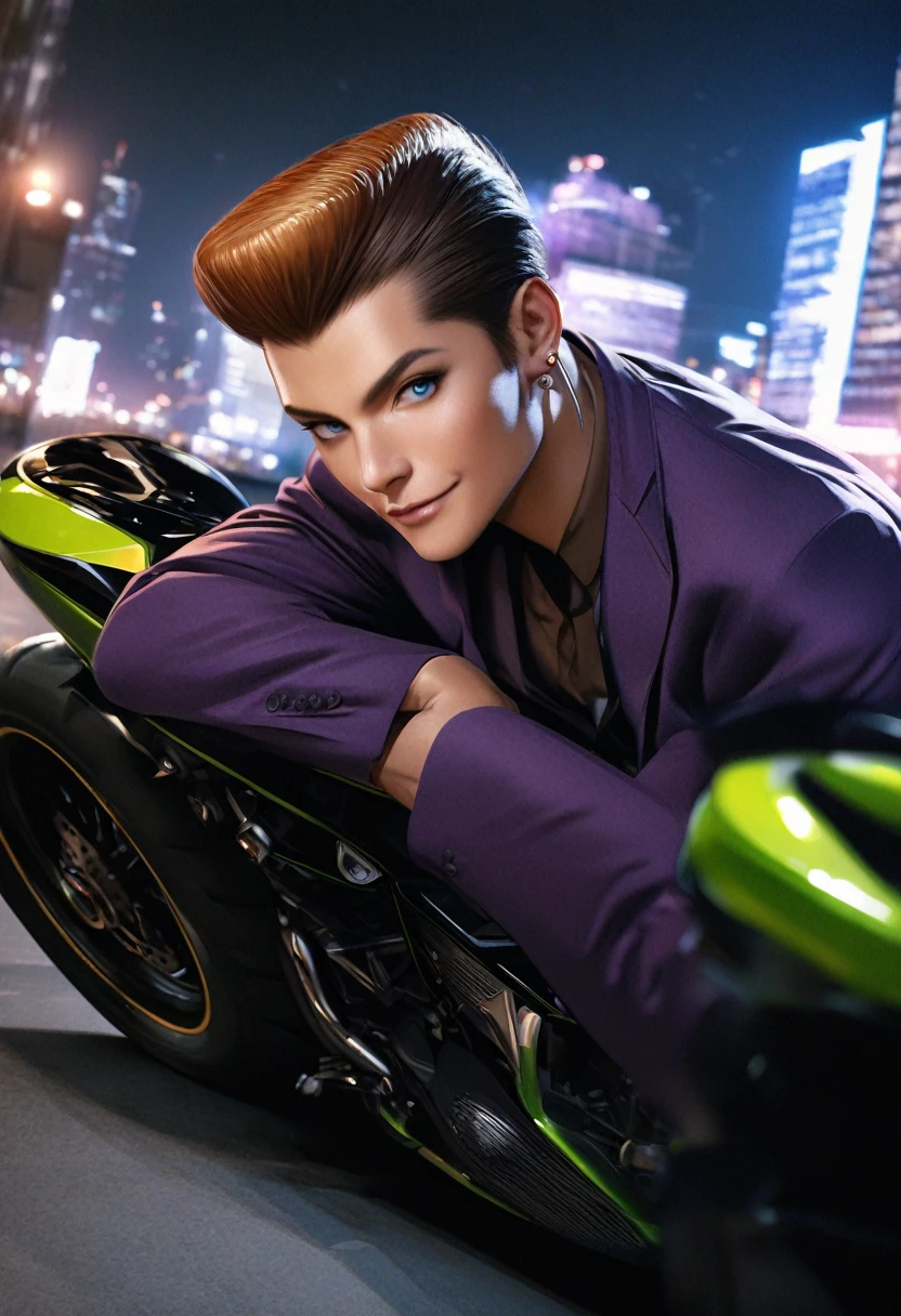 Masculine, tall, slicked back with elegant and modern quiff, middle-aged, front view, tanned, smooth, radiant, healthy skin, bright, navy blue eyes, with highlights, ((wearing purple suit with pink details)), confident smile, mouth semi-open, relaxed expression, orange and brown hair, pompadour hairstyle, shiny, detailed, (((navy blue earrings))), elegant, (((black pants))), ((((green tennis shoes)))), many accessories, full body, wearing a motorcycle, modern city background, office building, elegant, illuminated, 8k quality, extremely detailed, masterpiece, high resolution, realistic skin texture, hyper realistic, increase resolution, raw photos, best quality, highly detailed, background screen, cinematic lighting, ray trace, golden ratio, dynamic angle, close-up of face, looking at viewer, in elegant position, best posture, ((full body))
