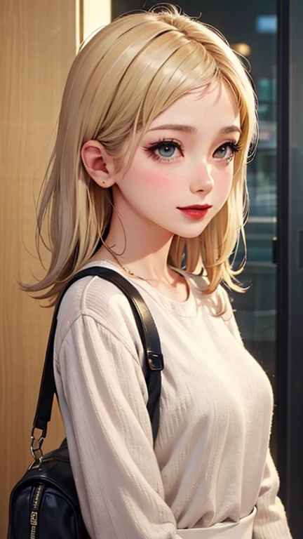 blush a little and smile, (Top quality masterpiece:1.2) Delicate illustrations, Very detailed, /Beautiful Japanese Women、1 person,Very cute and slim、Great style 、((8K images、super high quality))、Very delicate face, Skin and Hair、beautifule forehead、Red lipstick、(((((Shortcuts、Blonde))))),Very cute Japanese cut face、Eyes and nose are clearly visible、Kind eyes,((((Casual Fashion))))