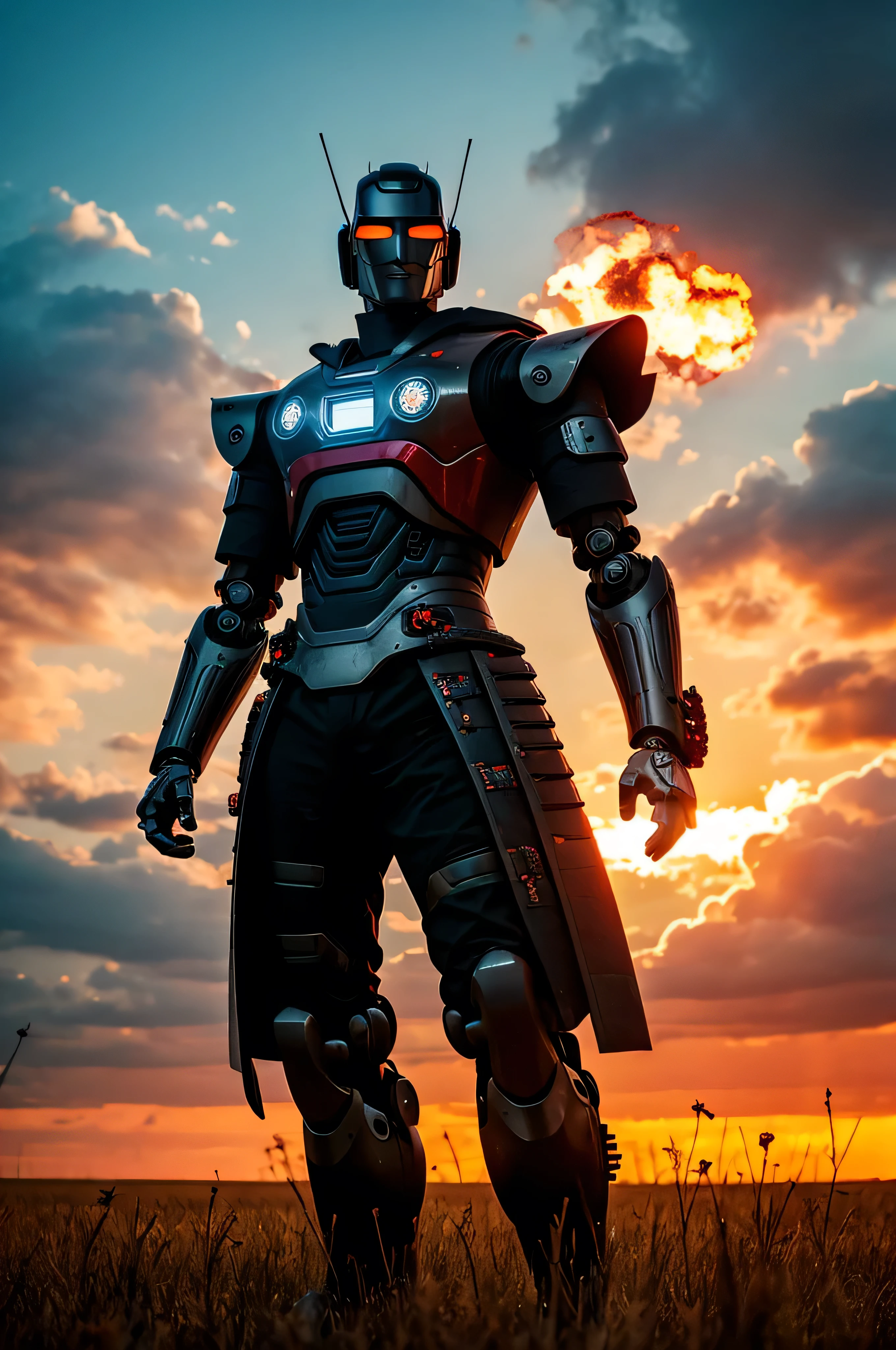 cyberpunk robot samurai standing in a field with the sky on fire