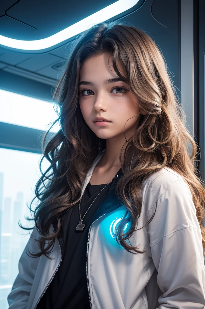 A teenager with wavy hair in a futuristic world 