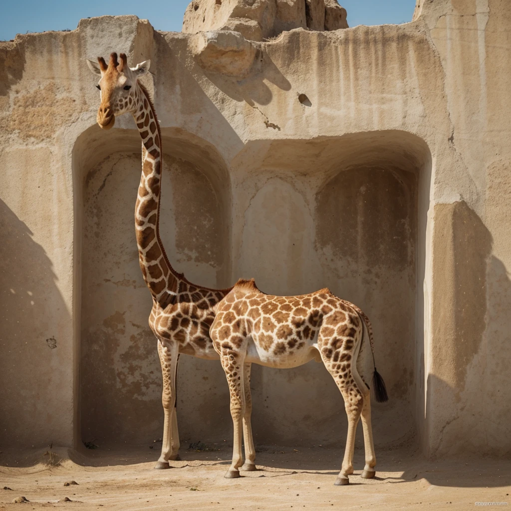 "Create an image of a giraffe standing in a natural, dry landscape with a cloudy sky. The giraffe's body is adorned with intricate, blue and white porcelain patterns, similar to traditional Chinese pottery. The patterns should include a mix of floral designs, geometric shapes, and abstract forms, giving the giraffe a striking, artistic appearance. The overall aesthetic should blend the elegance of porcelain art with the natural grace of a giraffe."
