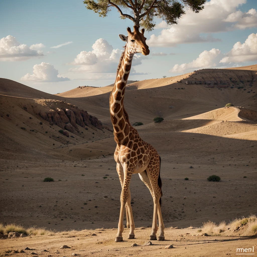 "Create an image of a giraffe standing in a natural, dry landscape with a cloudy sky. The giraffe's body is adorned with intricate, blue and white porcelain patterns, similar to traditional Chinese pottery. The patterns should include a mix of floral designs, geometric shapes, and abstract forms, giving the giraffe a striking, artistic appearance. The overall aesthetic should blend the elegance of porcelain art with the natural grace of a giraffe."