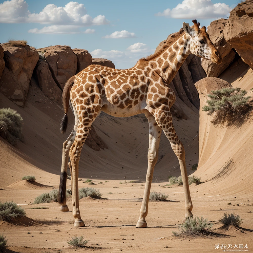 "Create an image of a giraffe standing in a natural, dry landscape with a cloudy sky. The giraffe's body is adorned with intricate, blue and white porcelain patterns, similar to traditional Chinese pottery. The patterns should include a mix of floral designs, geometric shapes, and abstract forms, giving the giraffe a striking, artistic appearance. The overall aesthetic should blend the elegance of porcelain art with the natural grace of a giraffe."