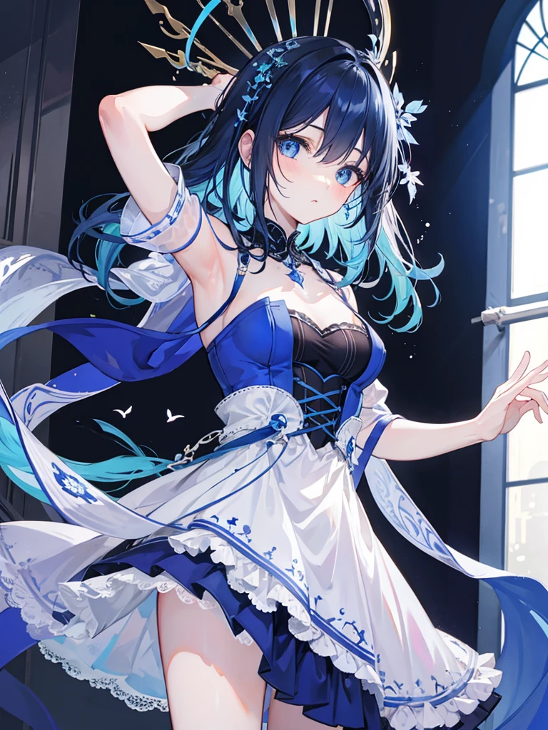 1woman, blue indigo hair, azur blue eyes, pale skin, freckles, black and royal blue ballerina dress, ballerina, arabesque pose, starry background,medium hair, medium chest