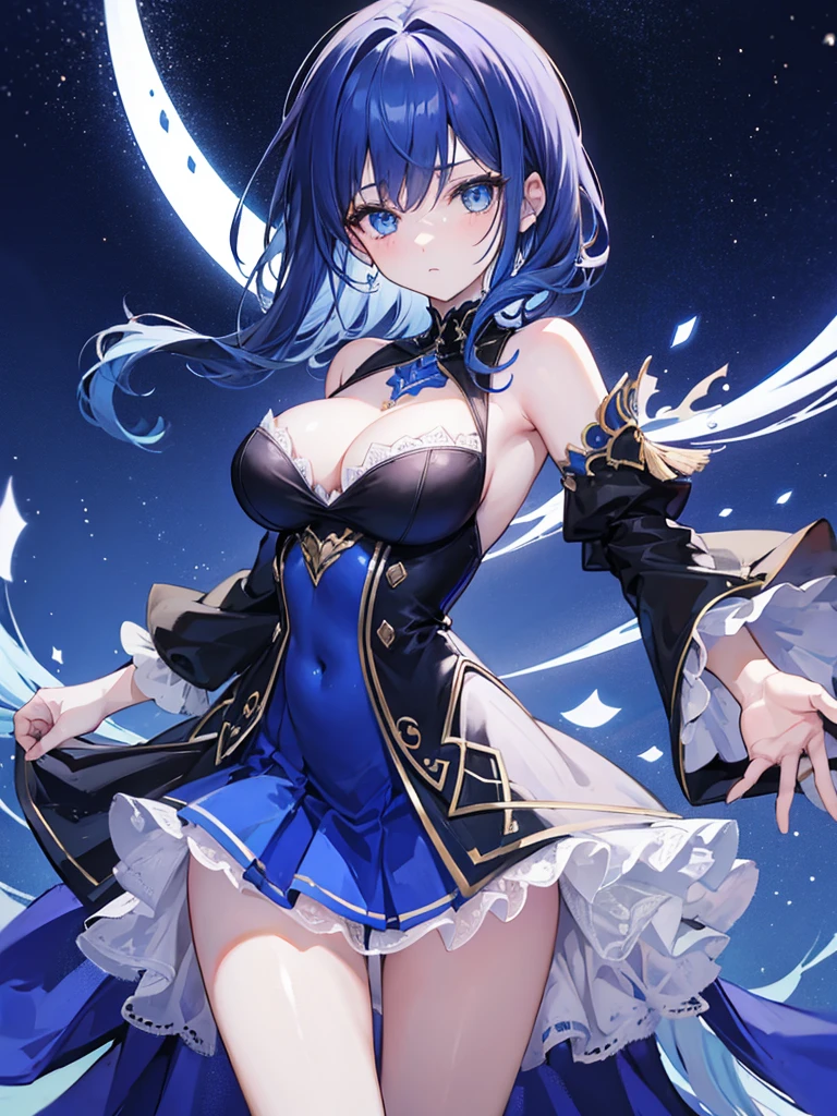 1woman, blue indigo hair, azur blue eyes, pale skin, freckles, black and royal blue ballerina dress, ballerina, arabesque pose, starry background,medium hair, medium chest