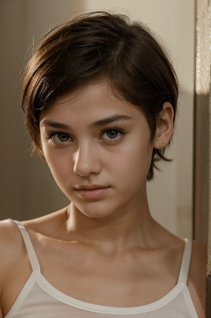 A 13-year-old girl with wide, sharp eyes, short hair, and a full lip