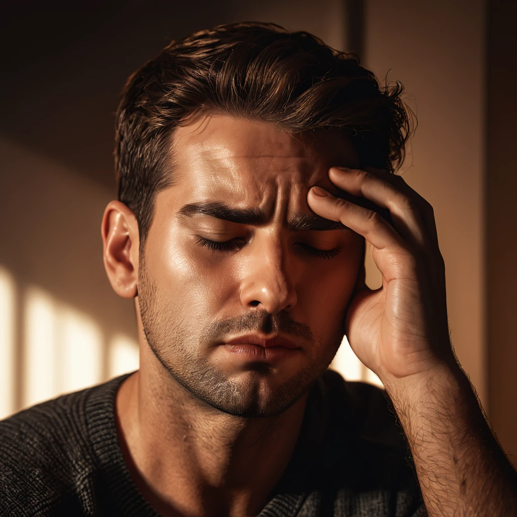 man covering eyes, realistic 3D rendering, detailed facial features, high quality, photorealistic, cinematic lighting, dramatic shadows, intricate details, emotive expression, dramatic composition, chiaroscuro lighting, moody atmosphere, warm color tones