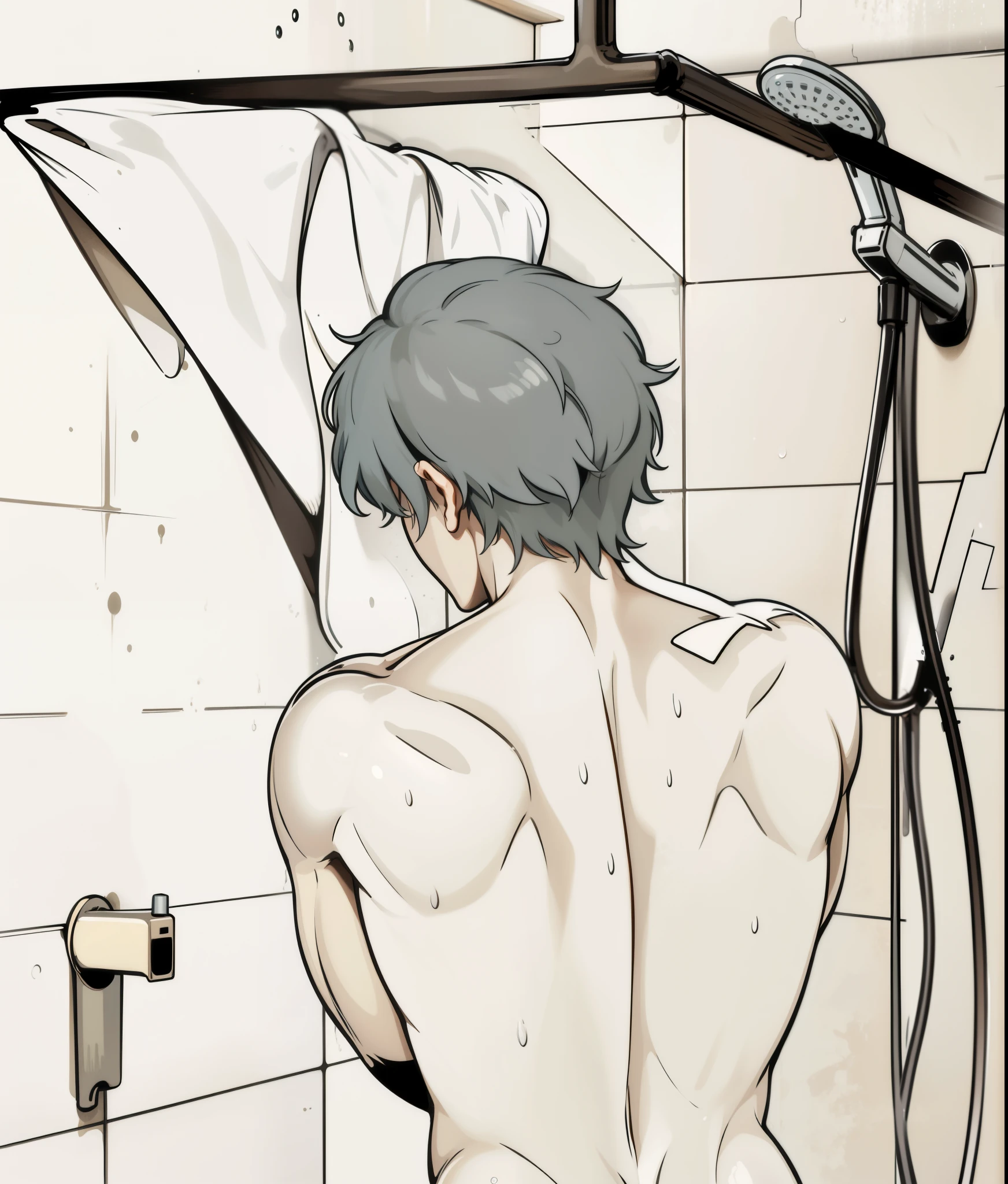 A 17-year-old gray-haired male is on his back. In the shower, the water falls on his body. He is on his back.
