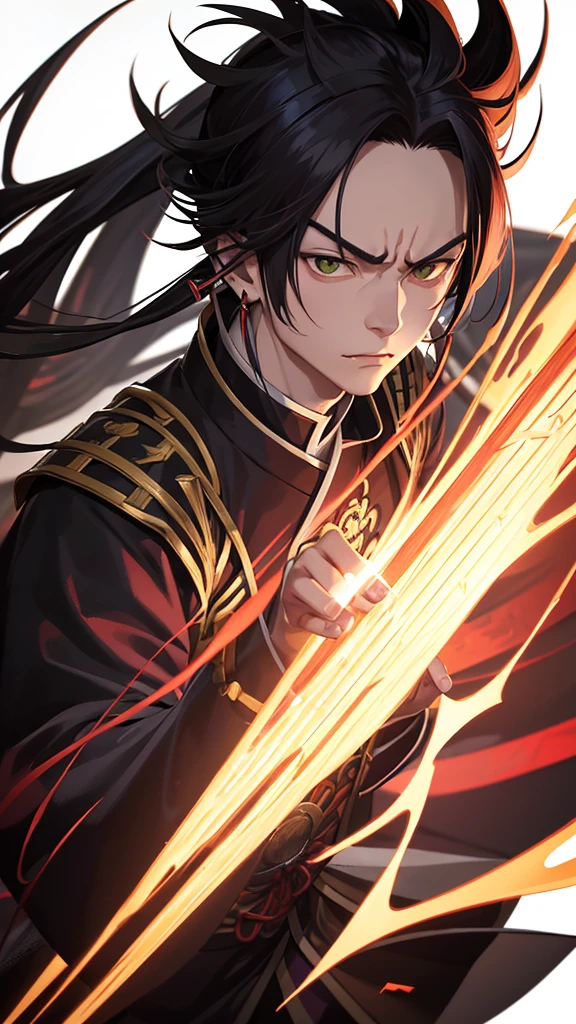 Create a detailed and dynamic illustration of Tanjirou Kamado from "Demon Slayer". He should be in his demon slayer uniform, with his iconic hanafuda earrings and a determined expression. Include a background of a bamboo forest with a hint of movement to emphasize action. The lighting should be dramatic, highlighting his scar and his green checkered haori.