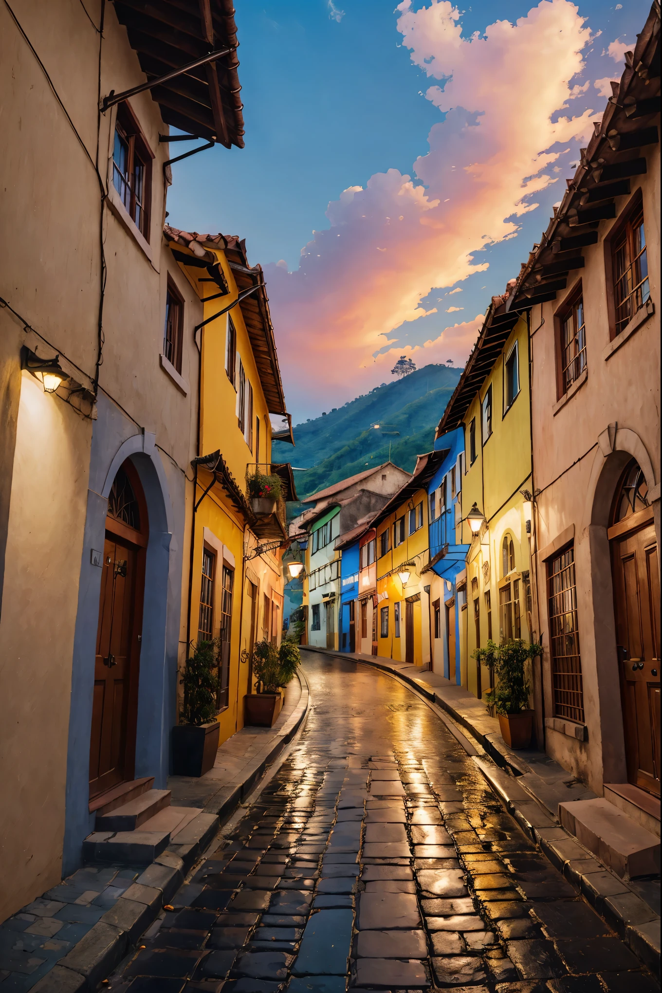 a colorful and beautiful alley decorated with umbrellas in Guatape, Antioch, Colombia, at sunset, Very detailed, photorealistic, 8k, Masterpiece, impressive landscape, vibrant colors, dramatic lighting, intricate architecture, Cobbled streets, picturesque buildings, umbrella hanging from the ceiling, dusk sky, warm lighting, idyllic scene, picturesque town, travel destination, vivid details, atmospheric, amazing