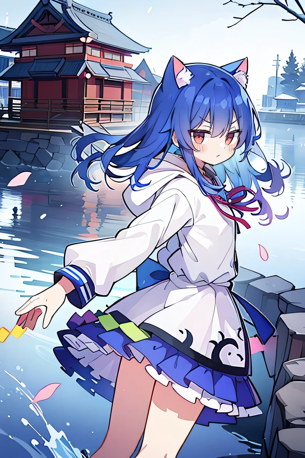 (masterpiece:1.2),Super detailed,lifelike,Expressive eyes,fair skin,perfect face shape,1 girl,
Japanese comics,Gorgeous blue hair,flowing blue hair,flowing clothes,Cat ears,Petals fall,beautiful lola,Baby Angel,
Shaking head with one hand,Cross your legs,Gentle and peaceful background,The pavilion is cool and comfortable,smile, wearing hoodie, background of tokyo,back views,snowing, winter,lie on the water.