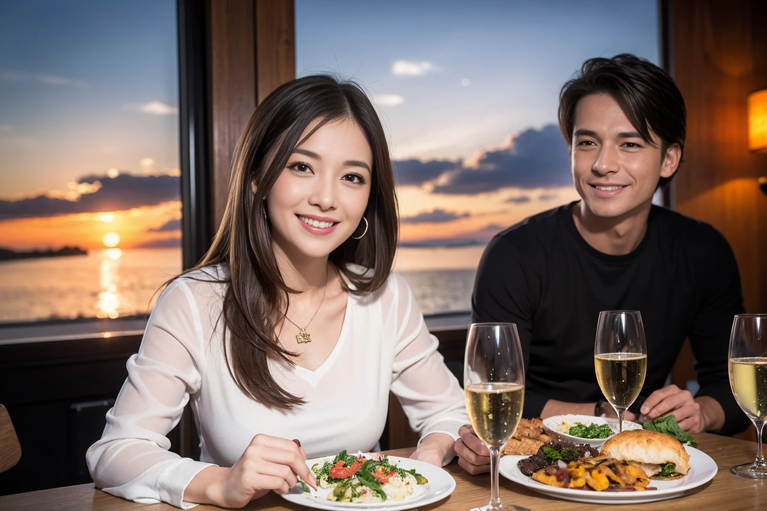 ((Highest quality、8K、masterpiece:1.3))、1 male 1 female、lover、Beautiful couple、Happy smile、full-course dinner、 (Slim face), (the body is スリム), (Brown Hair), (Shortcuts), ((Bob Hale、Straight hair:1.2)), テーブルの上のwine glass、Put the light on your face、 Amazing view of the sunset sky and clouds、The beauty of a smile、Bright image、Blushing, Shortcuts, (Age 35), 39 years old, Appetizers、Italian food、Wine bottle、Champagne、sparkling wine、Long sleeve shirt、dress、Attractive beauty、restaurant, Nova Frog Style, actress, model, Upper Body, White wine, red wine, wine glass,