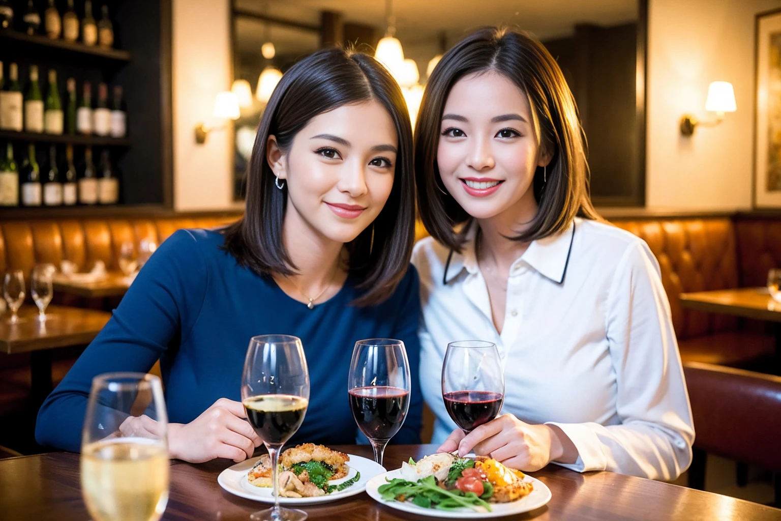 ((Highest quality、8K、masterpiece:1.3))、1 male 1 female、lover、Beautiful couple、Happy smile、full-course dinner、 (Slim face), (the body is スリム), (Brown Hair), (Shortcuts), ((Bob Hale、Straight hair:1.2)), テーブルの上のwine glass、Put the light on your face、 Amazing view of the sunset sky and clouds、The beauty of a smile、Bright image、Blushing, Shortcuts, (Age 35), 39 years old, Appetizers、Italian food、Wine bottle、Champagne、sparkling wine、Long sleeve shirt、dress、Attractive beauty、restaurant, Nova Frog Style, actress, model, Upper Body, White wine, red wine, wine glass,