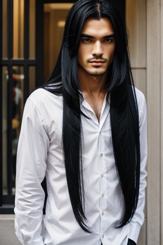 feminine man, long black hair