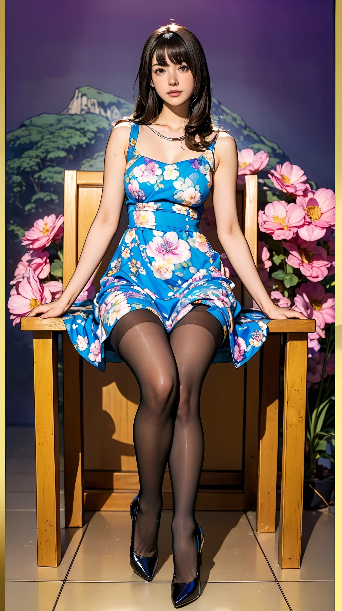 ((masterpiece)),(((Highest quality))),((Character design sheet)),Thin thighs,Long legs,whole body:1.5,(One Girl:1.3),(Viewer Display:1.4),(Opaque pantyhose and pointy thick heels,, :1.3),(Sitting on top of a mountain:1.2),(Wearing a floral dress:1.2),Short, flowing golden hair:1.2),