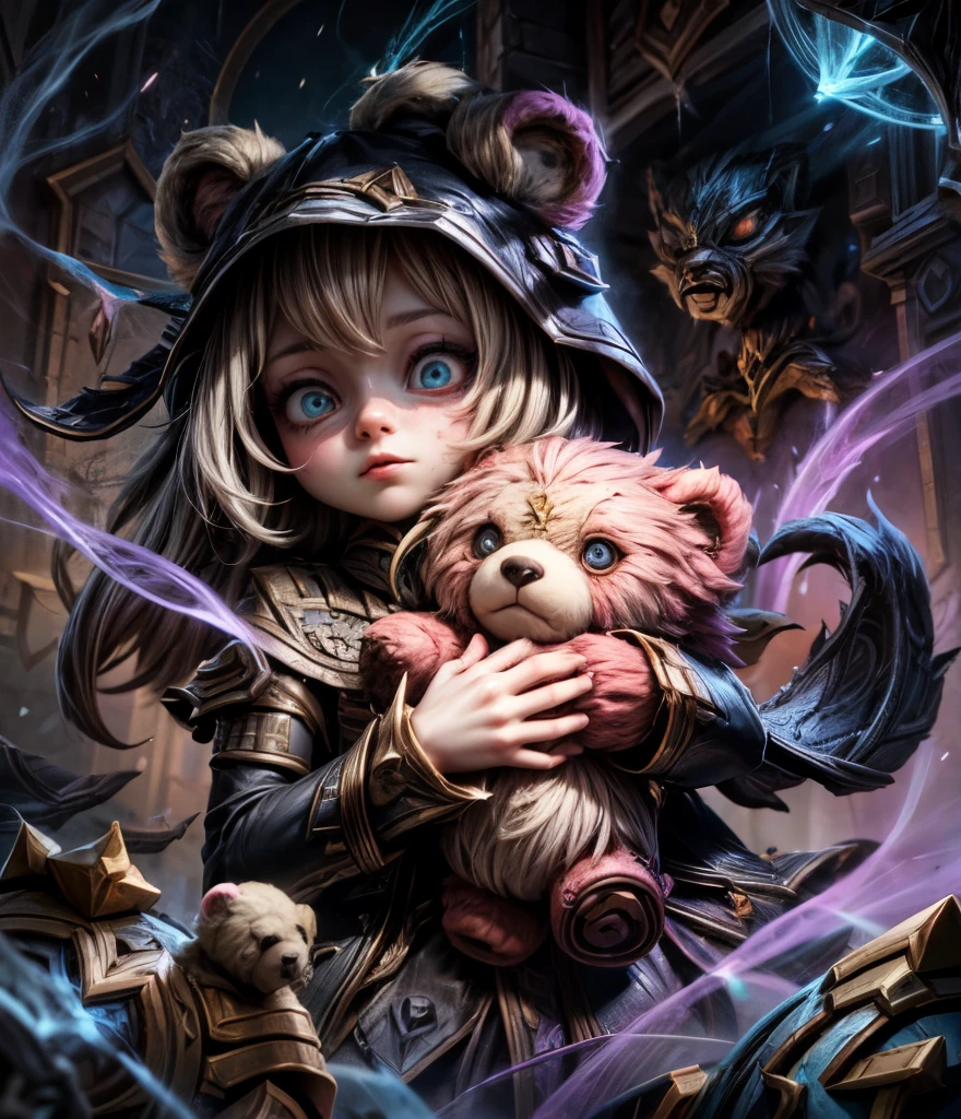 [(League of legends:1.5), creepy, dark, black and white, detailed manga line art, scared, psychological horror, grotesque, morbid, surreal], a girl holding a teddy bear, Annie, character from League of Legends