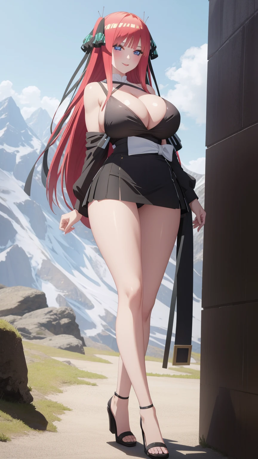 1 girl, very big breasts, very sexy body, 1 girl in, a smile, looks at the viewer, black shirt, super short white school miniskirt, full body, giant breasts, cleavage, giant breasts, heels, background in the mountains 1 girl , with big breasts. long legs QUEEN huge tits, (cleavage), high legs, (standing), sexy and muscular body. short skirt.4k hd