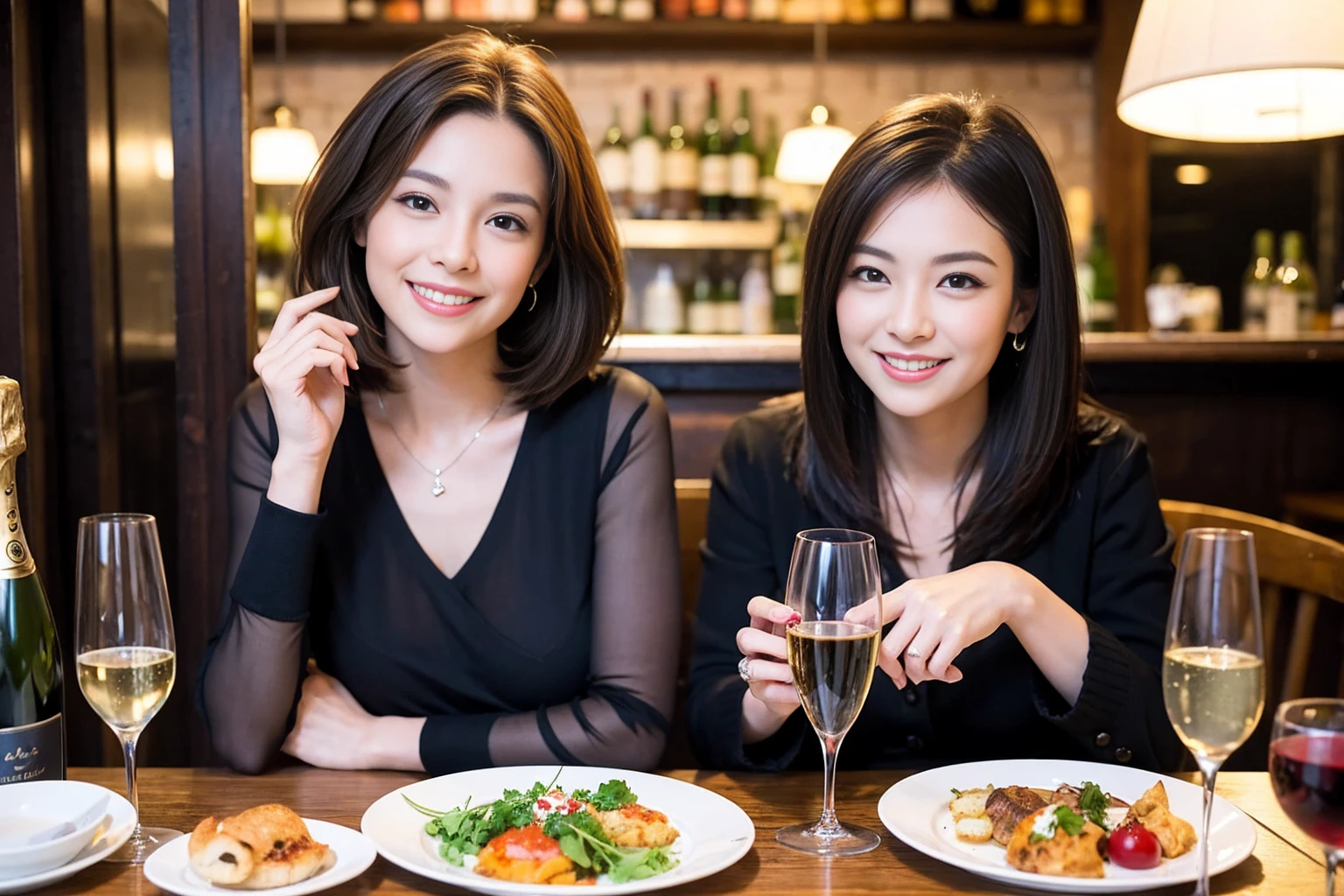 ((Highest quality、8K、masterpiece:1.3))、1 male 1 female、lover、Beautiful couple、Happy smile、full-course dinner、 (Slim face), (the body is スリム), (Brown Hair), (Shortcuts), ((Bob Hale、Straight hair:1.2)), テーブルの上のwine glass、Put the light on your face、 Amazing view of the sunset sky and clouds、The beauty of a smile、Bright image、Blushing, Shortcuts, (Age 35), 39 years old, Appetizers、Italian food、Wine bottle、Champagne、sparkling wine、Long sleeve shirt、dress、Attractive beauty、restaurant, Nova Frog Style, actress, model, Upper Body, White wine, red wine, wine glass,